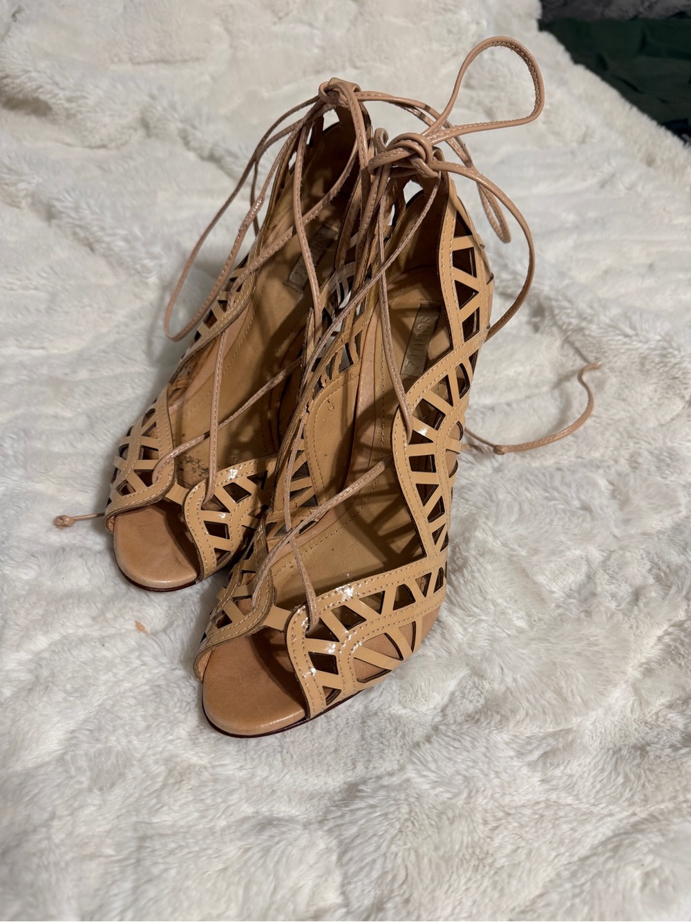 SCHUTZ Nude Laser-Cut Lace-Up Peep-Toe Heels